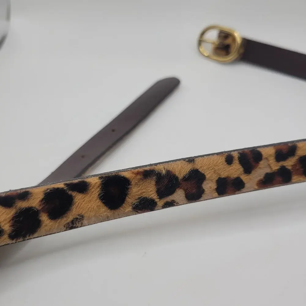 J.CREW Belt Small Brown Leather Leopard Haircalf Animal Print Skinny Gold Buckle